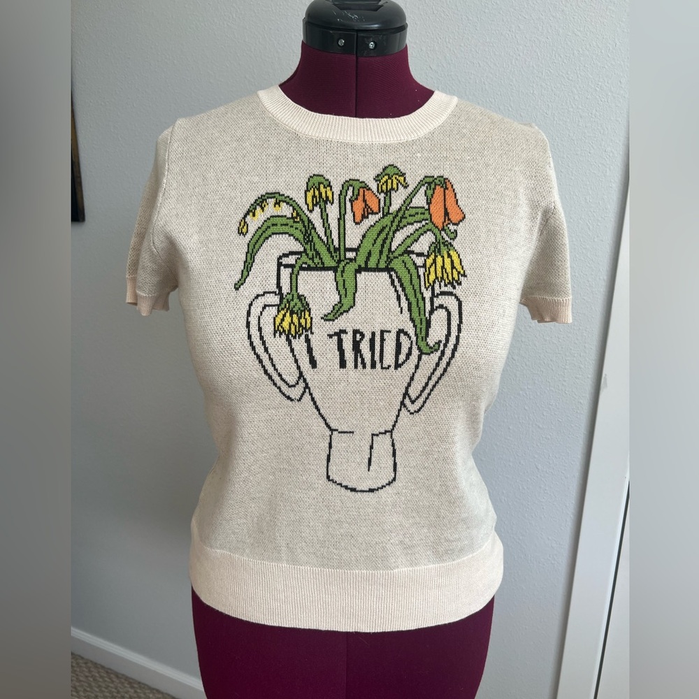 Saint Geraldine “I TRIED “ Vicious Knit Short Sleeve Sweater Top Sz M